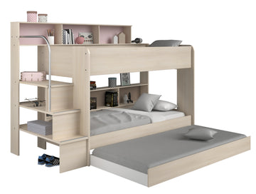 Etagenbett Bibop mit Leiterpodest, Regalwand & Bettkasten