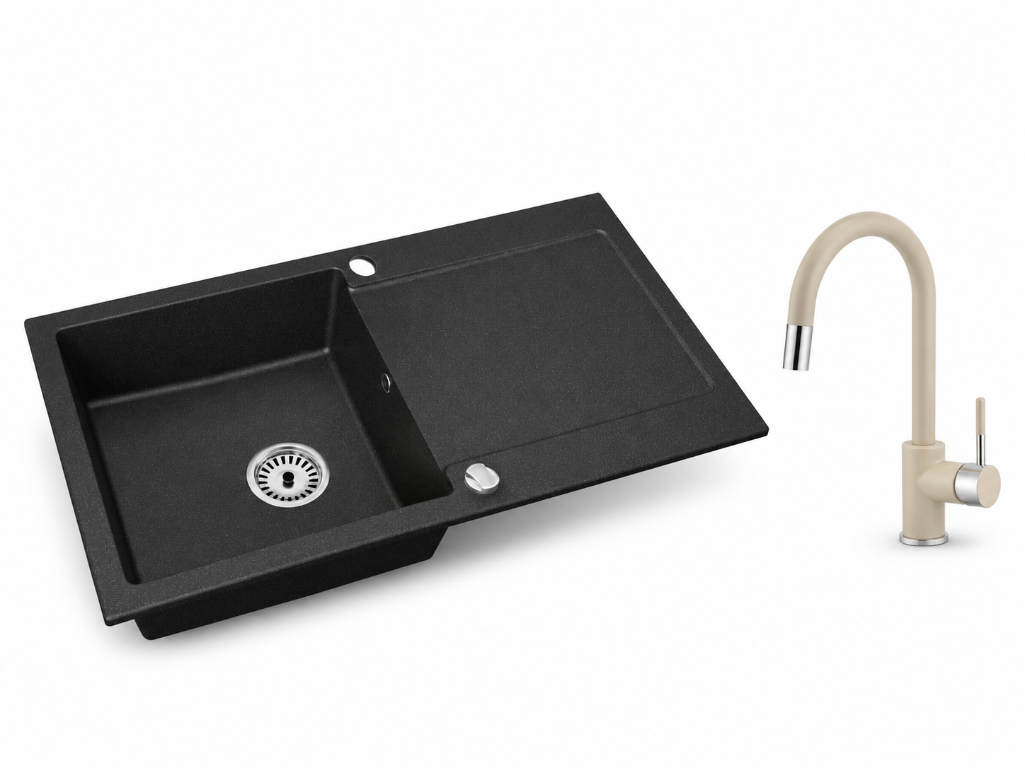 Granitspüle Element mit Abtropffläche – Einbauspüle beidseitig montierbar, inkl. Siphon Mit Armatur