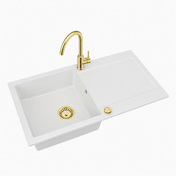 Faizee Home Granitspüle Element 90x50 cm Komplettset mit Gold Armatur & Siphon – wählbar Genial oder Spiral