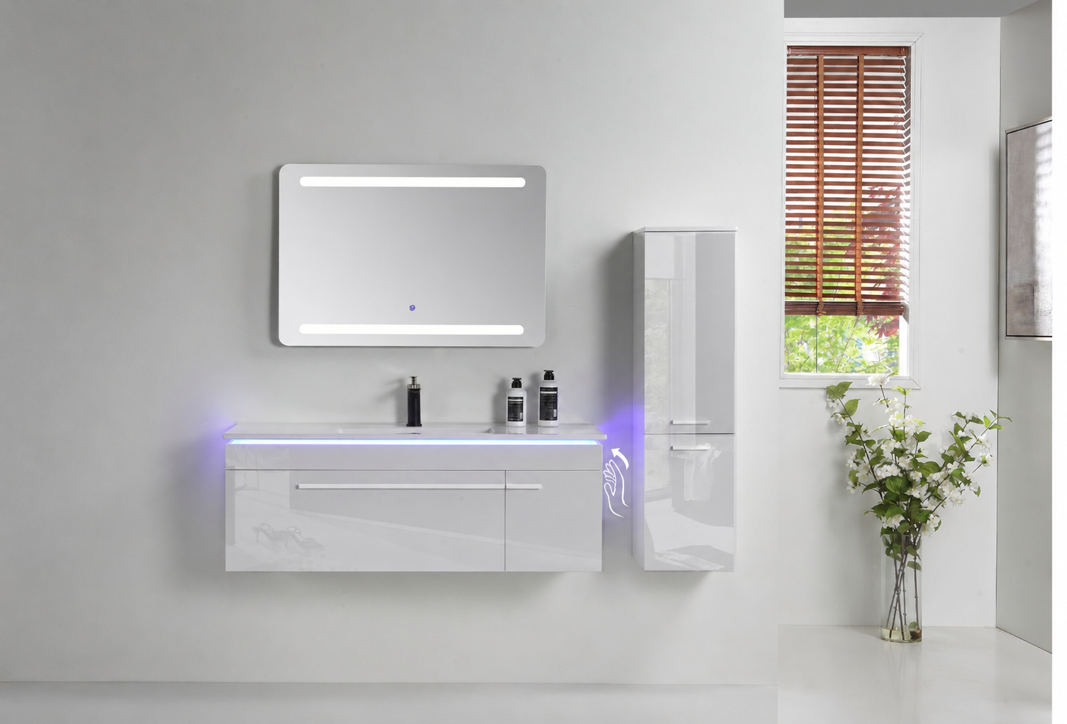 Faizee Home Badmöbelset 90 cm Hochglanz inkl. Keramik-Waschbecken, LED-Spiegel & vormontiertem Unterschrank