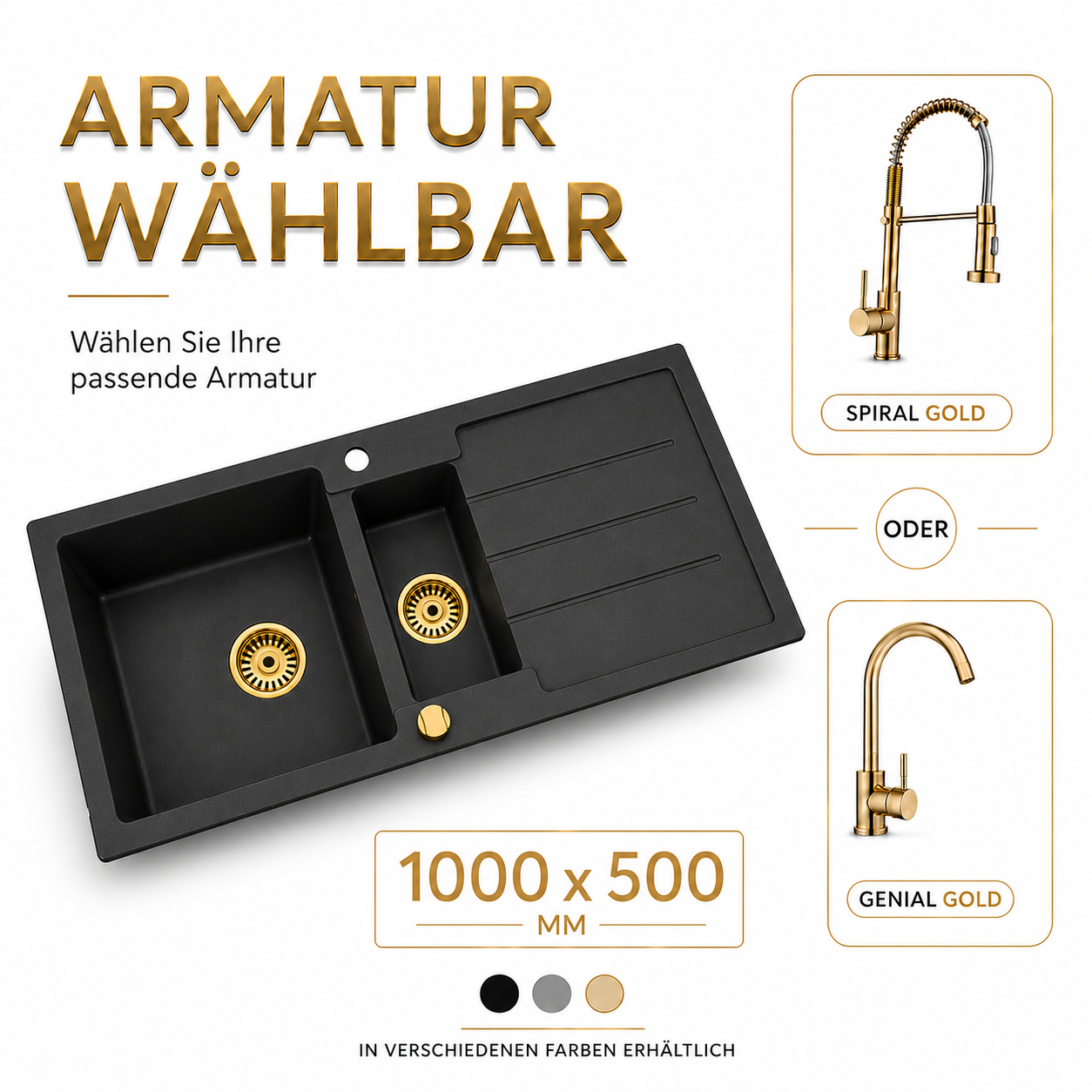 Faizee Home Granitspüle Napoli 100 × 50 cm – Gold-Siphon & Armatur wählbar