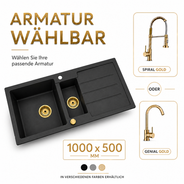 Faizee Home Granitspüle Napoli 100 × 50 cm – Gold-Siphon & Armatur wählbar