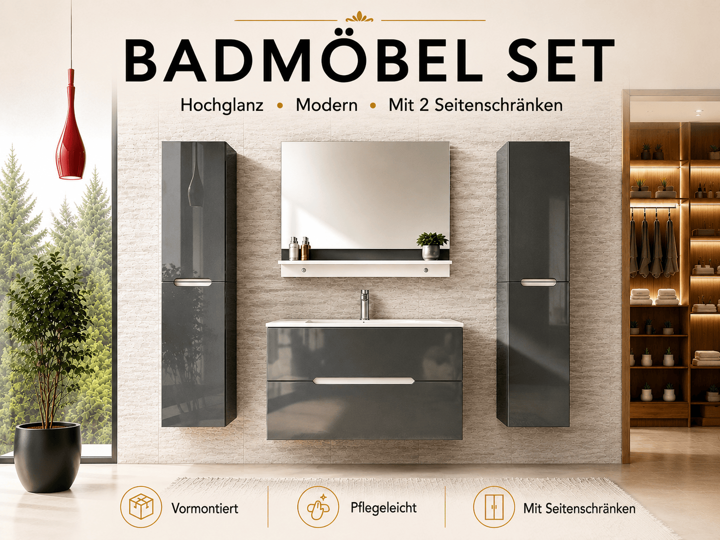 Faizee Home Badmöbelset Aliyah 90 cm Hochglanz Grau Weiß inkl. Waschbecken, Spiegel & Regal