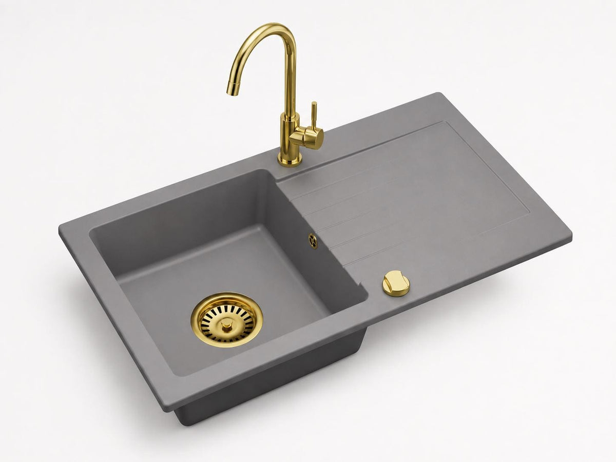 Granitspüle Alisha 75 x 43,5 cm mit Armaturenauswahl Gold – inkl. Siphon-Set