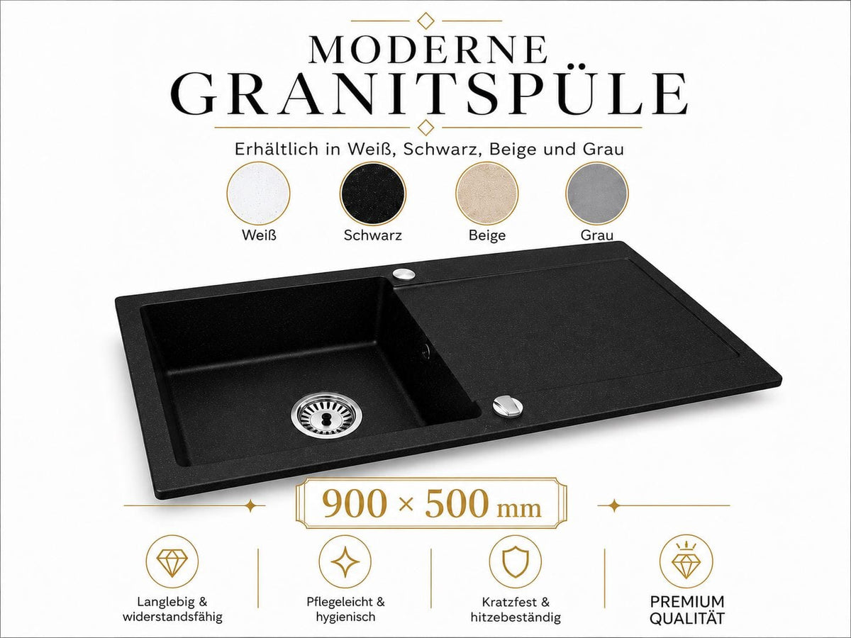 Granitspüle Element 90x50 cm mit Abtropffläche – Einbauspüle beidseitig montierbar, inkl. Siphon