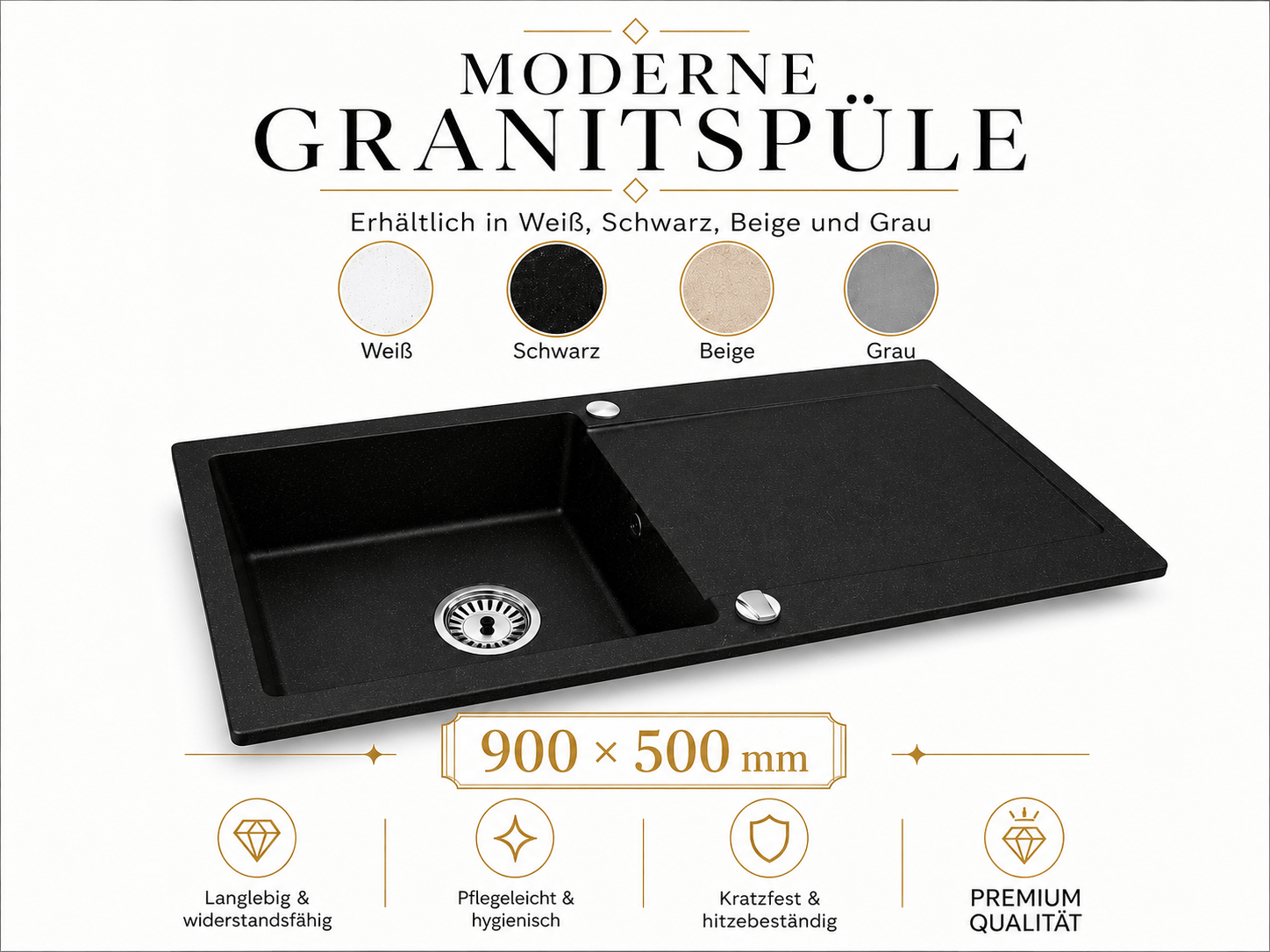 Granitspüle Element 90x50 cm mit Abtropffläche – Einbauspüle beidseitig montierbar, inkl. Siphon