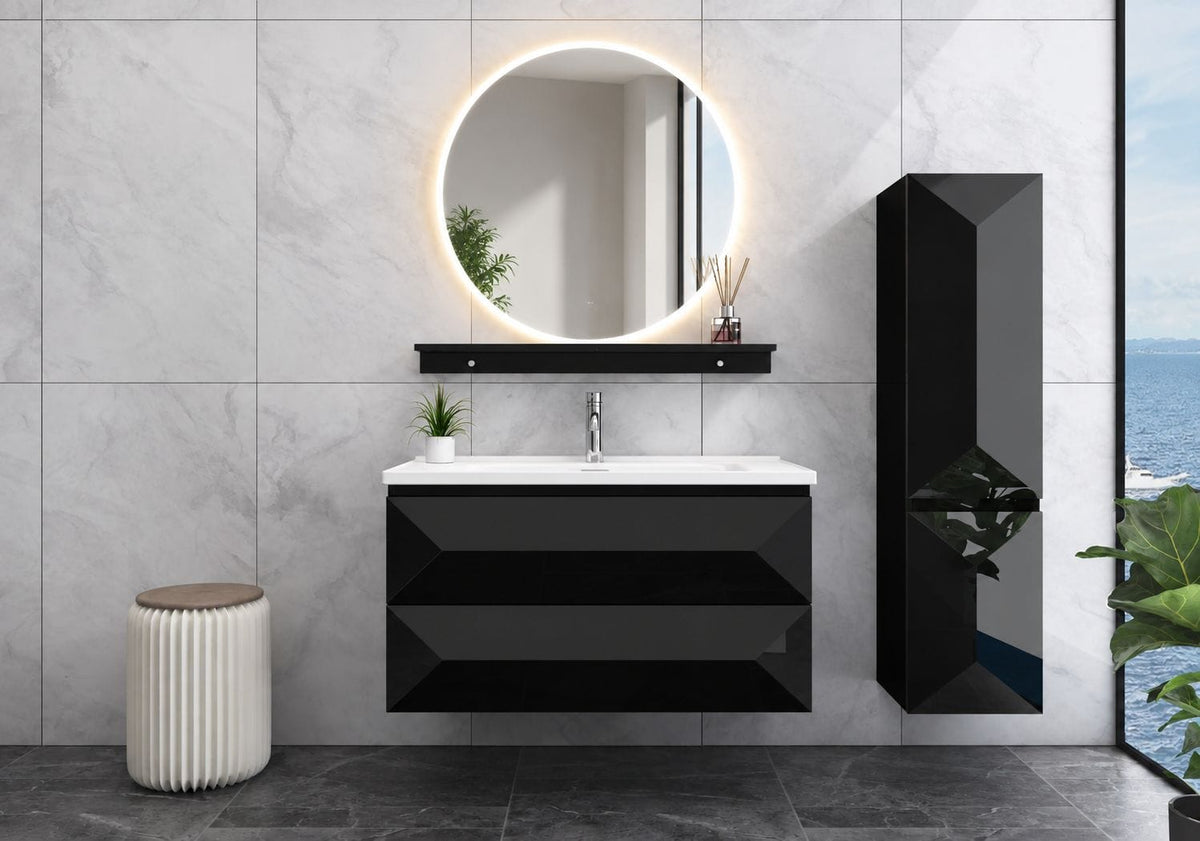 Faizee Home Badmöbel-Set 90 cm Schwarz inkl. Keramik-Waschbecken, Spiegel & wählbaren Seitenschränken