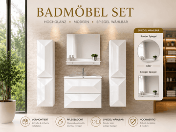 Faizee Home Badmöbelset 60 cm Hochglanz inkl. Keramik-Waschbecken, LED-Spiegel & Soft-Close