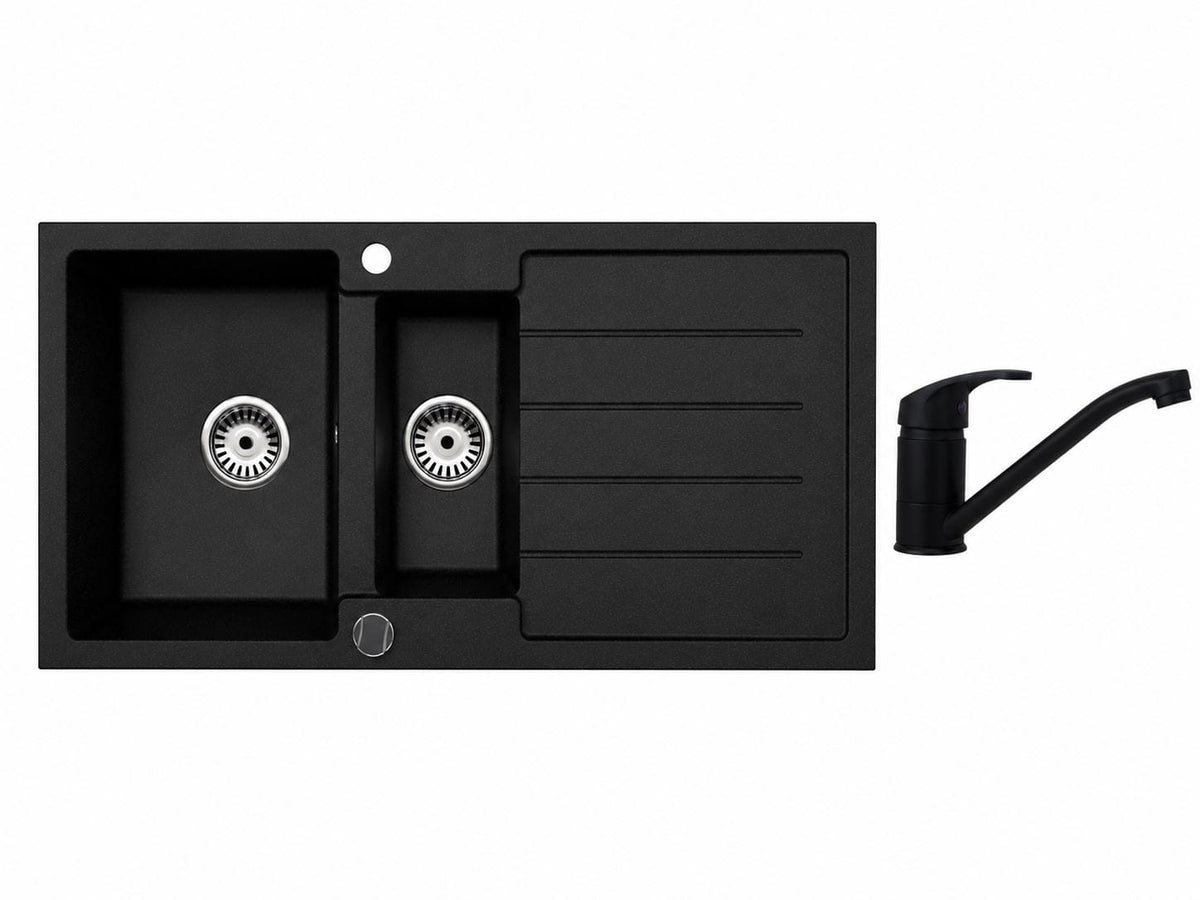 Faizee Home Granitspüle 100 × 50 cm mit 1,5 Becken – inkl. wählbarer Armatur & Siphon-Set