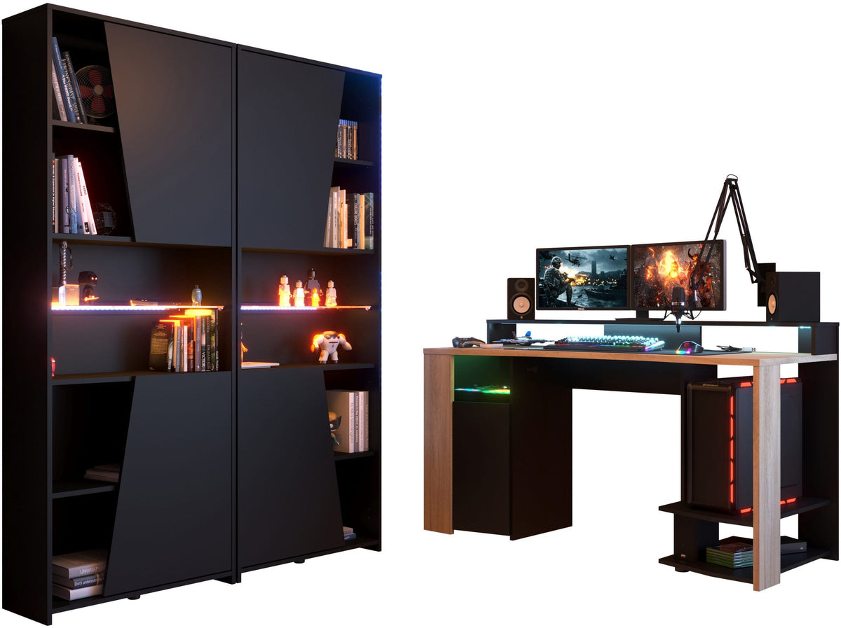 Faizee Home Parisot Meta 11 Gaming Set – Gaming Schreibtisch mit LED-Beleuchtung & Regal Schwarz/Holzoptik