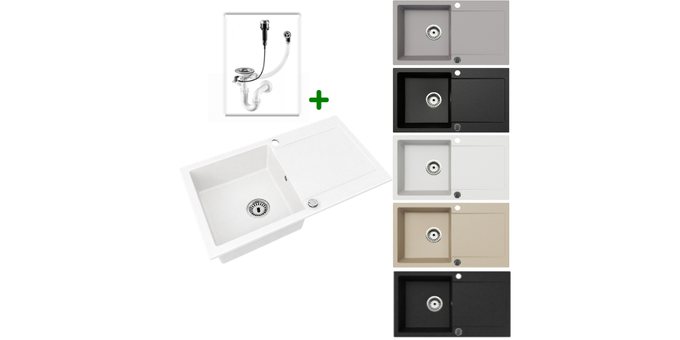 Granitspüle Element 90x50 cm mit Abtropffläche – Einbauspüle beidseitig montierbar, inkl. Siphon