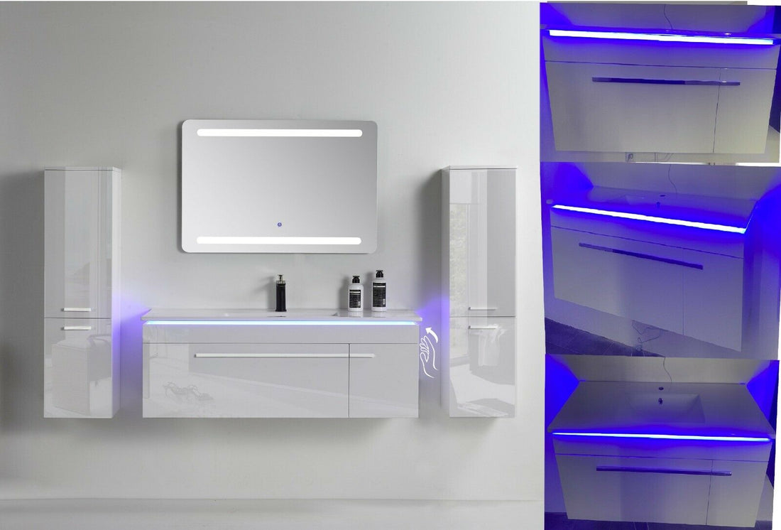 5-tlg Badmöbel Set – 90 cm Weiß Hochglanz mit LED Spiegel