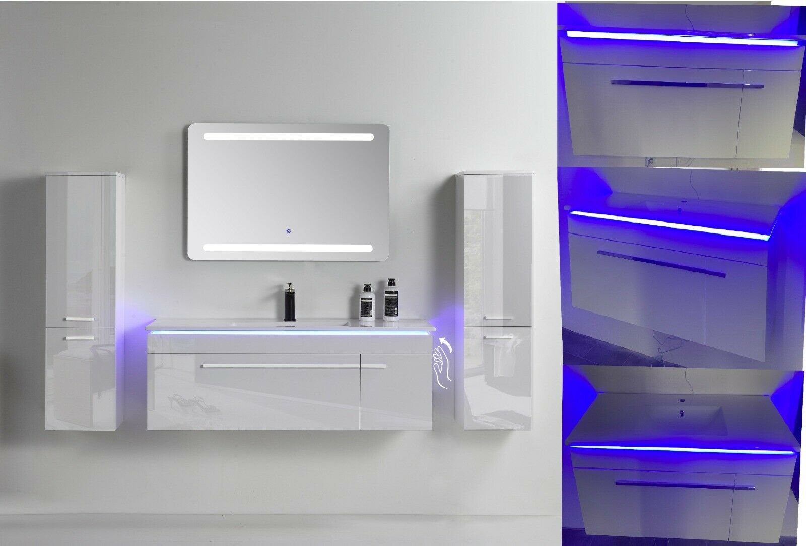 5-tlg Badmöbel Set – 90 cm Weiß Hochglanz mit LED Spiegel