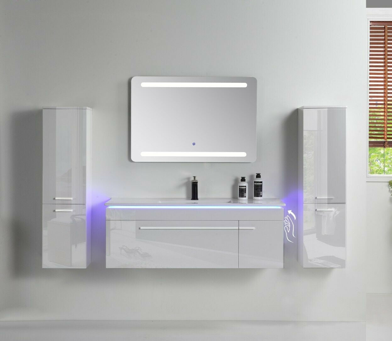 5-tlg Badmöbel Set – 90 cm Weiß Hochglanz mit LED Spiegel