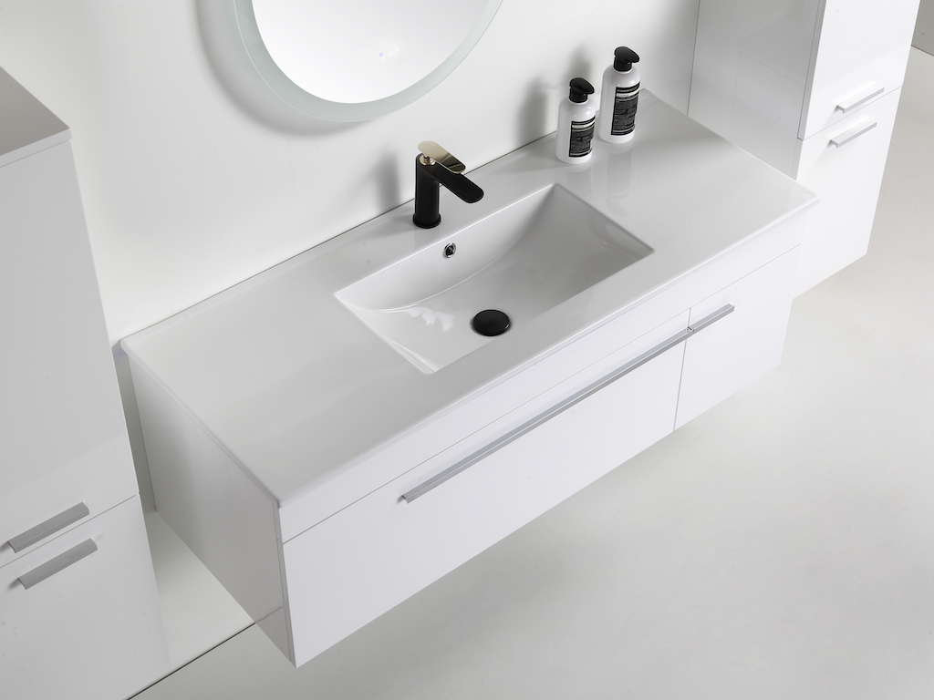 Badezimmermöbel 120 cm – 5-tlg Set Weiß Hochglanz LED
