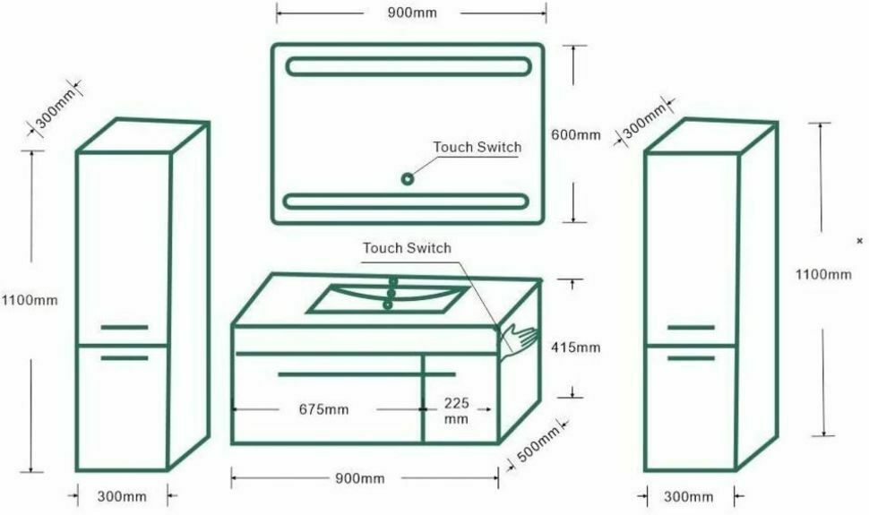 Badezimmermöbel 5-tlg – 90 cm Set Schwarz Hochglanz LED