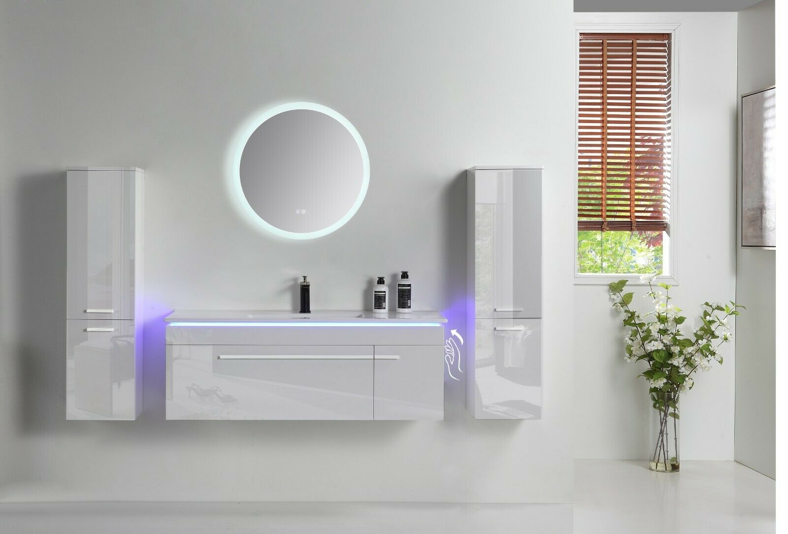 Badmöbel Set 90 cm Weiß – Keramikwaschbecken mit rundem LED-Spiegel, Soft-Close, vormontiert