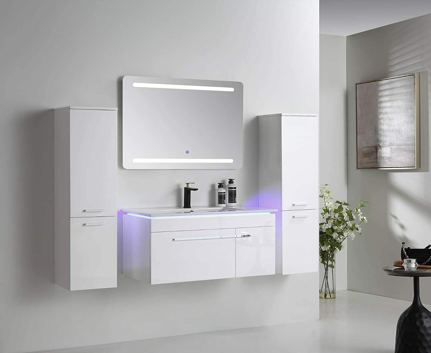 5-tlg Badmöbel Set – 90 cm Weiß Hochglanz mit LED Spiegel