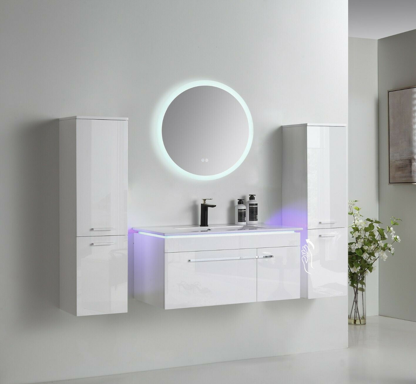Badmöbel Set 90 cm Weiß – Keramikwaschbecken mit rundem LED-Spiegel, Soft-Close, vormontiert