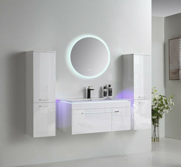 Badmöbel Set 90 cm Weiß – Keramikwaschbecken mit rundem LED-Spiegel, Soft-Close, vormontiert