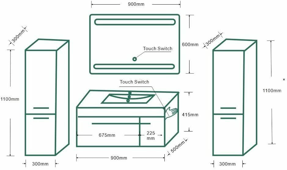 5-tlg Badmöbel Set – 90 cm Weiß Hochglanz mit LED Spiegel