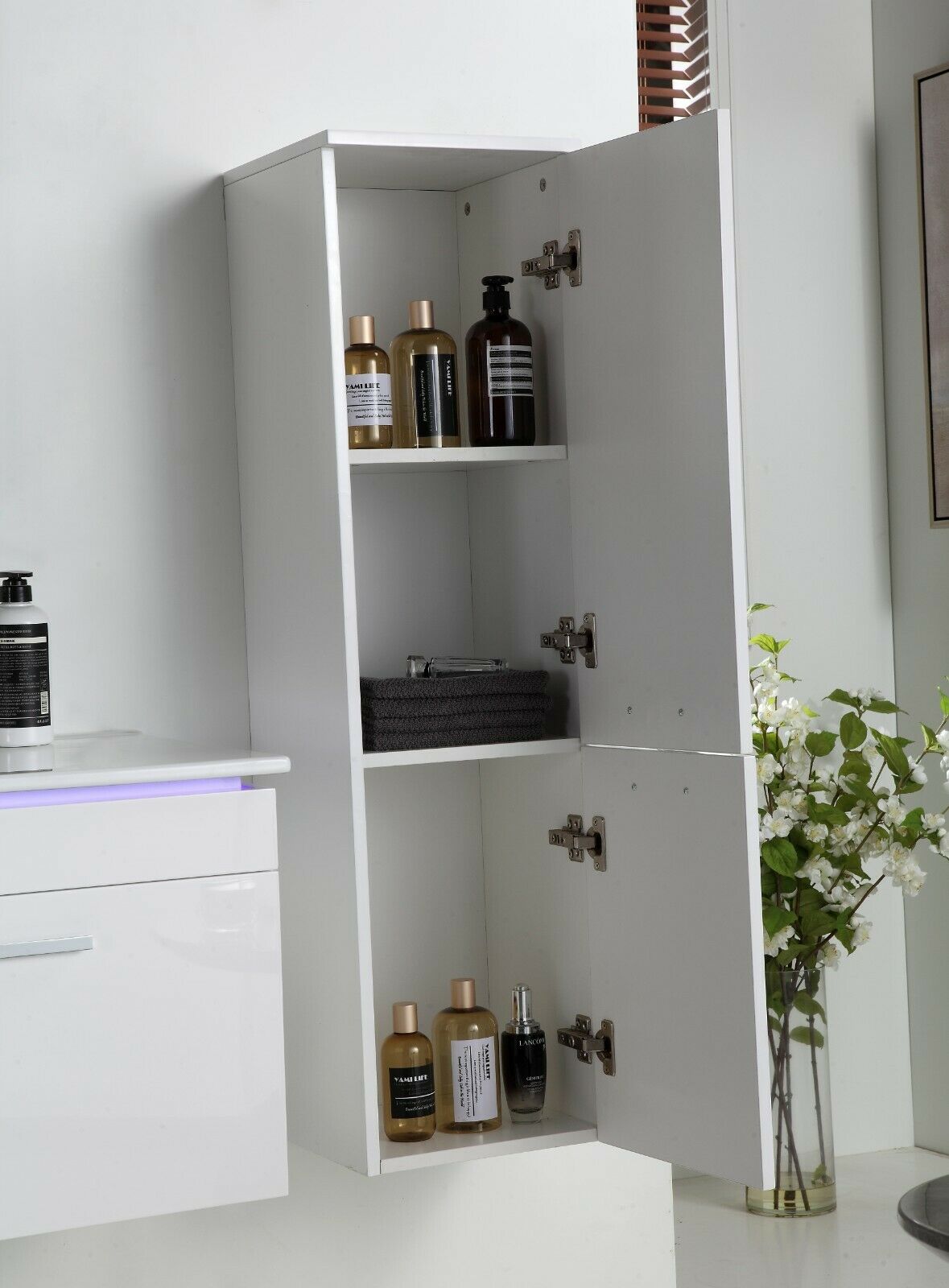 Badezimmermöbel 120 cm – 5-tlg Set Weiß Hochglanz LED