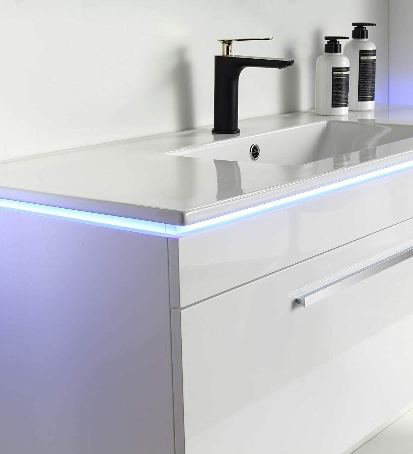 5-tlg Badmöbel Set – 90 cm Weiß Hochglanz mit LED Spiegel