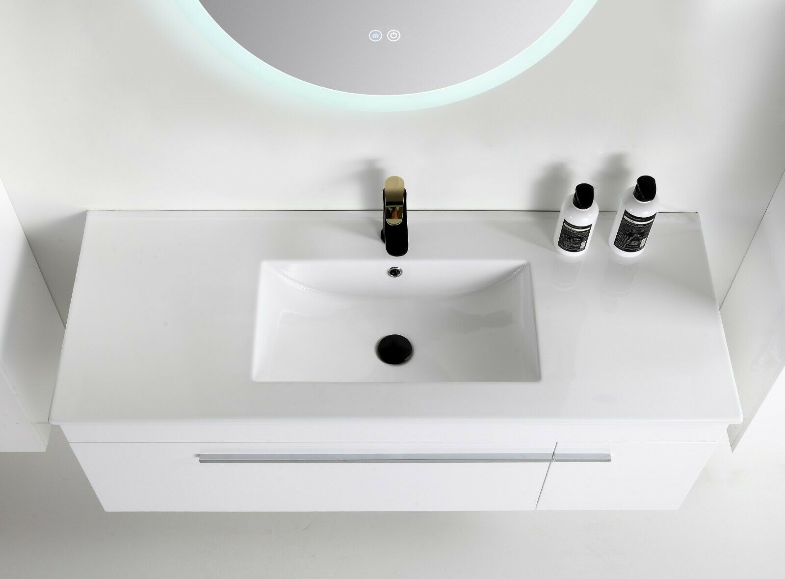 Badmöbel Set 90 cm Weiß – Keramikwaschbecken mit rundem LED-Spiegel, Soft-Close, vormontiert