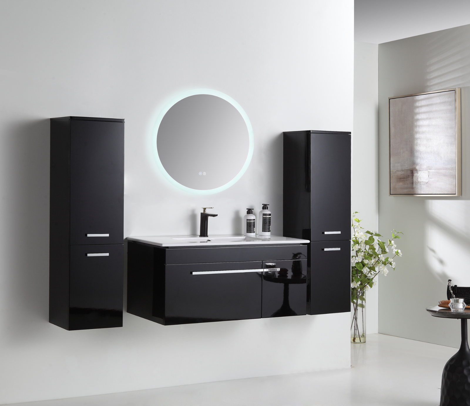 Badezimmermöbel 5-tlg – 90 cm Set Schwarz Hochglanz LED