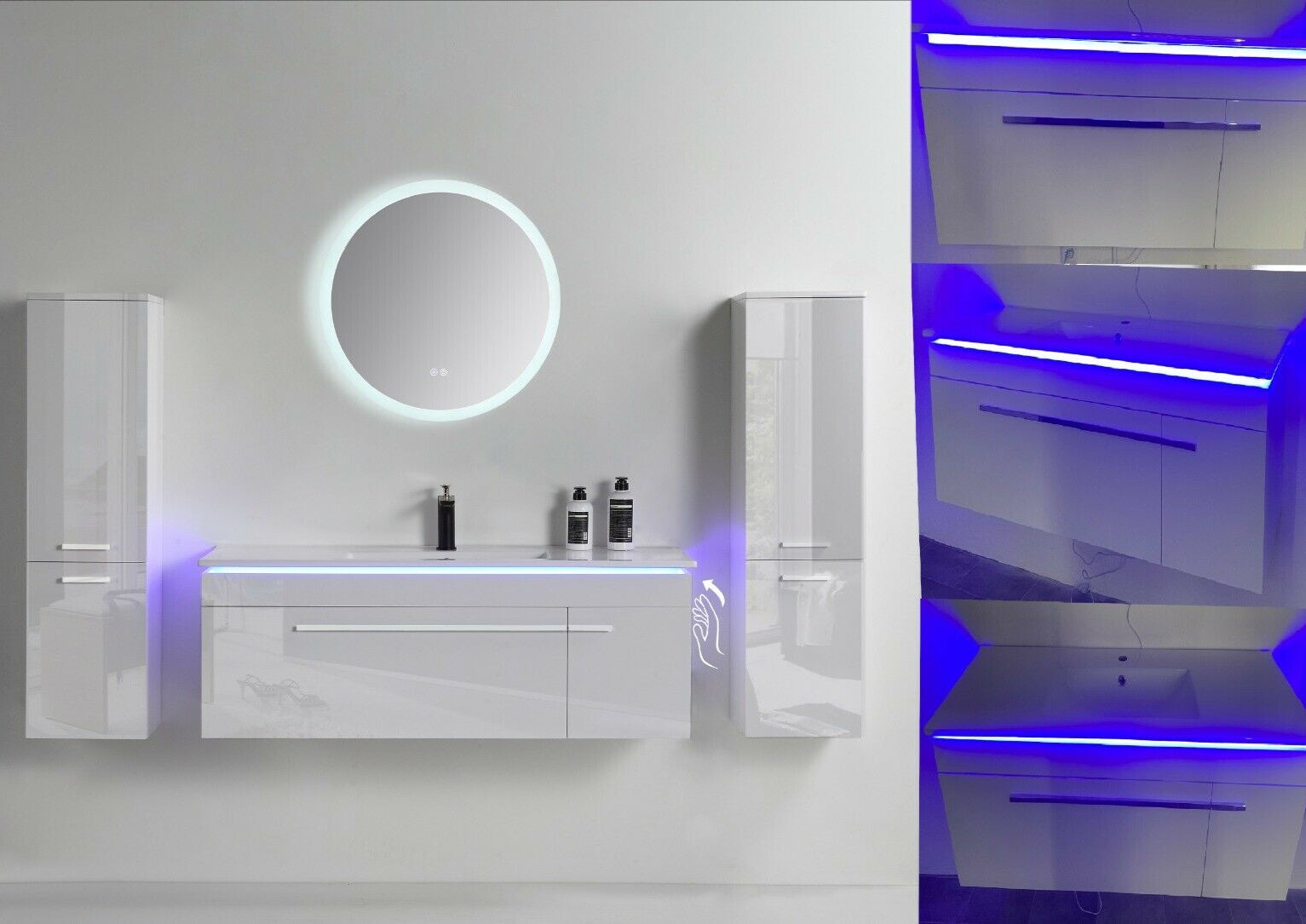 Badmöbel Set 90 cm Weiß – Keramikwaschbecken mit rundem LED-Spiegel, Soft-Close, vormontiert
