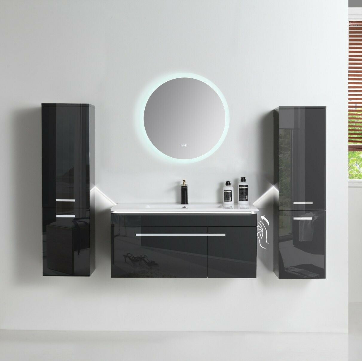 Badezimmermöbel 5-tlg – 90 cm Set Schwarz Hochglanz LED