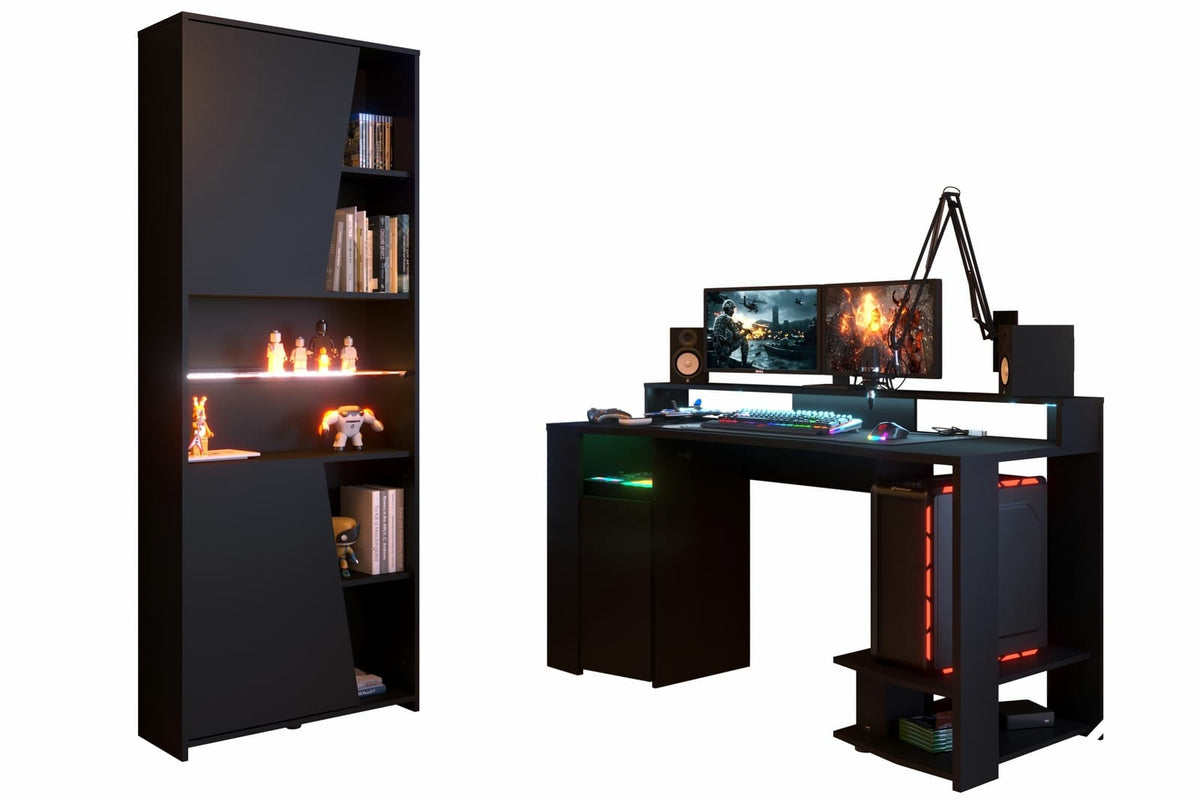Parisot Gaming 2 Gaming Set Schwarz mit LED-Beleuchtung – Gamingtisch mit Regal, RGB Licht & Stauraum