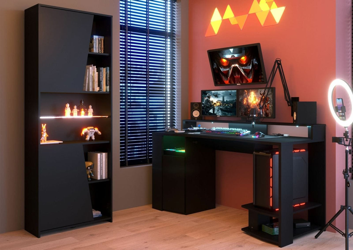 Parisot Gaming 2 Gaming Set Schwarz mit LED-Beleuchtung – Gamingtisch mit Regal, RGB Licht & Stauraum