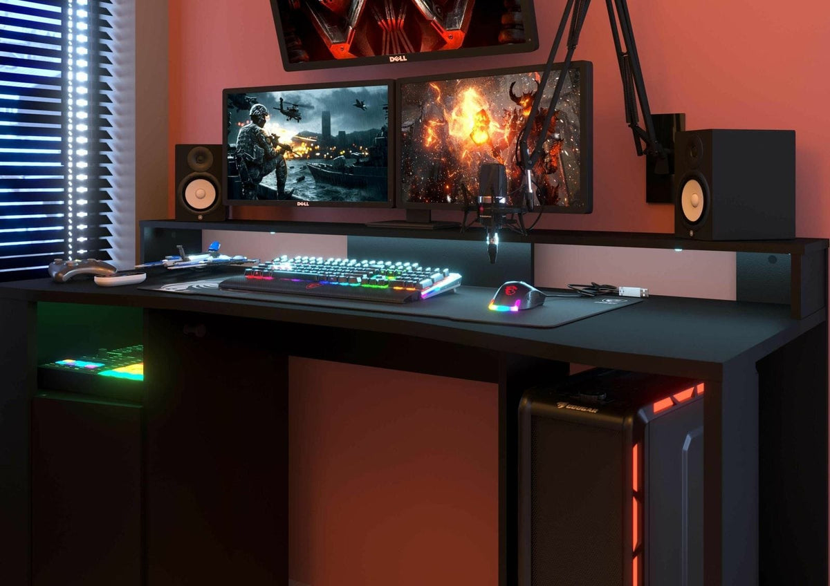 Parisot Gaming 2 Gaming Set Schwarz mit LED-Beleuchtung – Gamingtisch mit Regal, RGB Licht & Stauraum