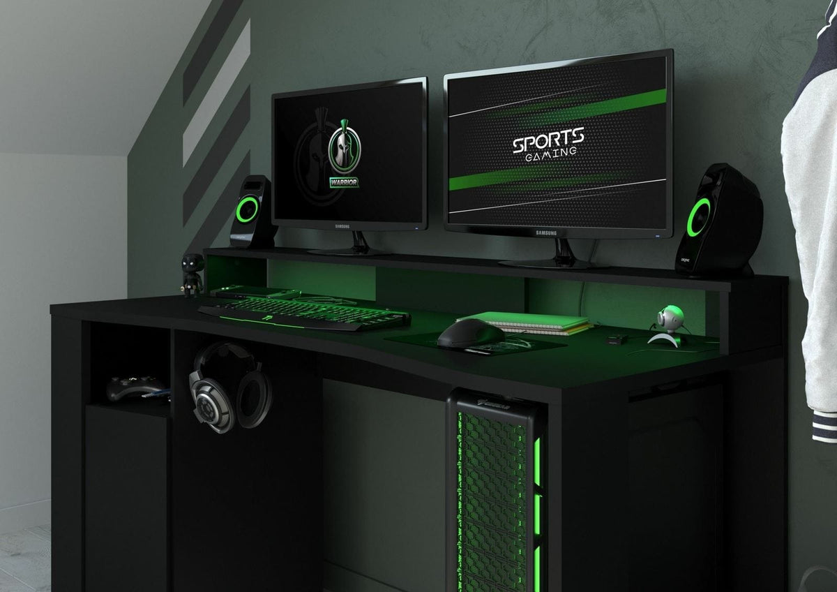 Parisot Gaming 2 Gaming Set Schwarz mit LED-Beleuchtung – Gamingtisch mit Regal, RGB Licht & Stauraum