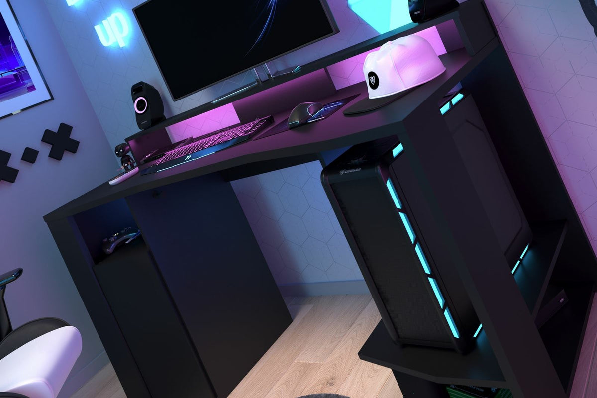 Faizee Home Parisot Gaming 11 Gaming Schreibtisch Schwarz mit LED-Beleuchtung & Towerfach