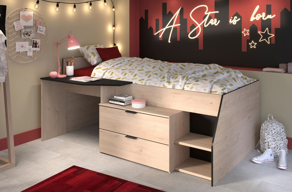Parisot Milky 2 Hochbett 90x200 cm Schwarz/Eiche mit Kommode