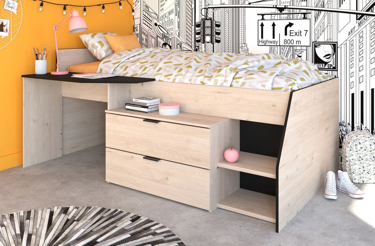 Parisot Milky 2 Hochbett 90x200 cm Schwarz/Eiche mit Kommode