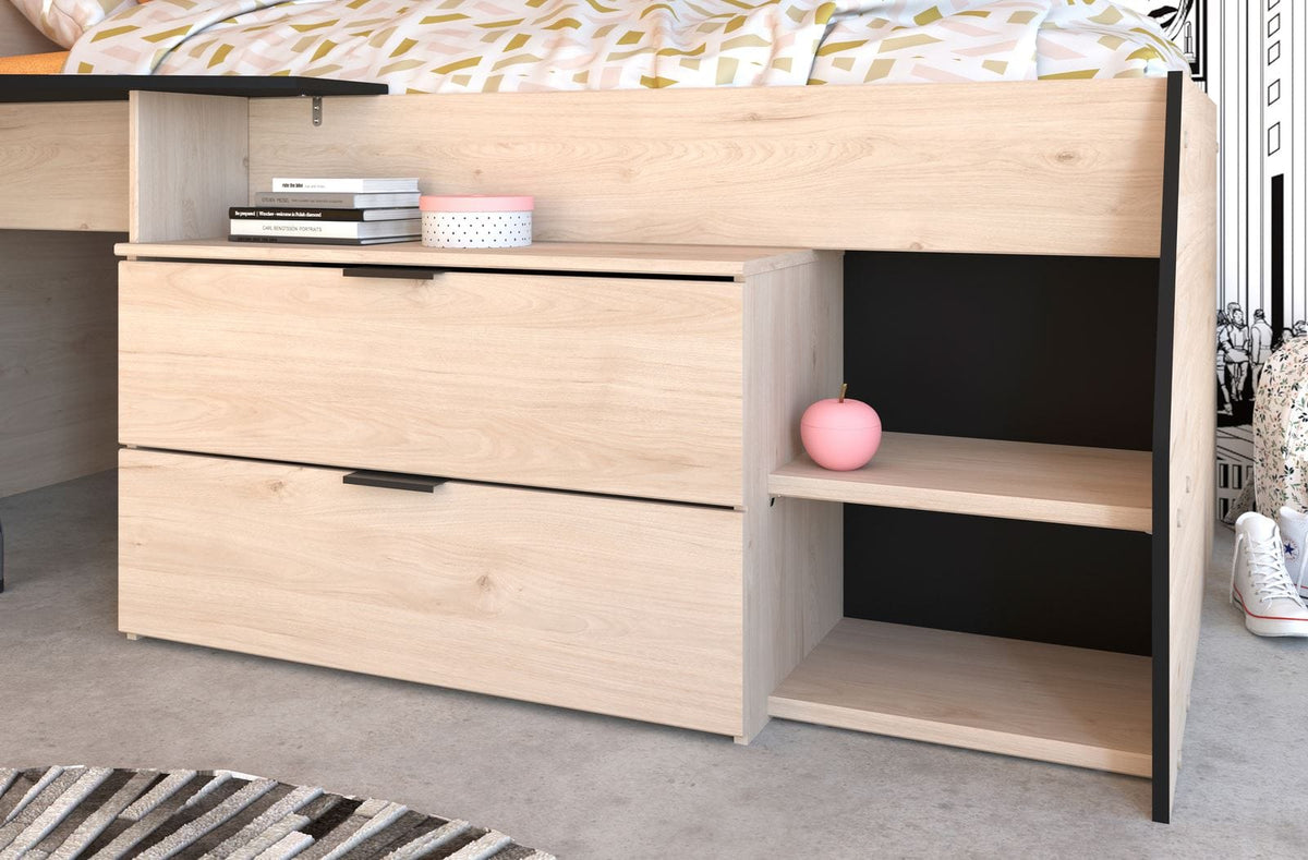 Parisot Milky 2 Hochbett 90x200 cm Schwarz/Eiche mit Kommode