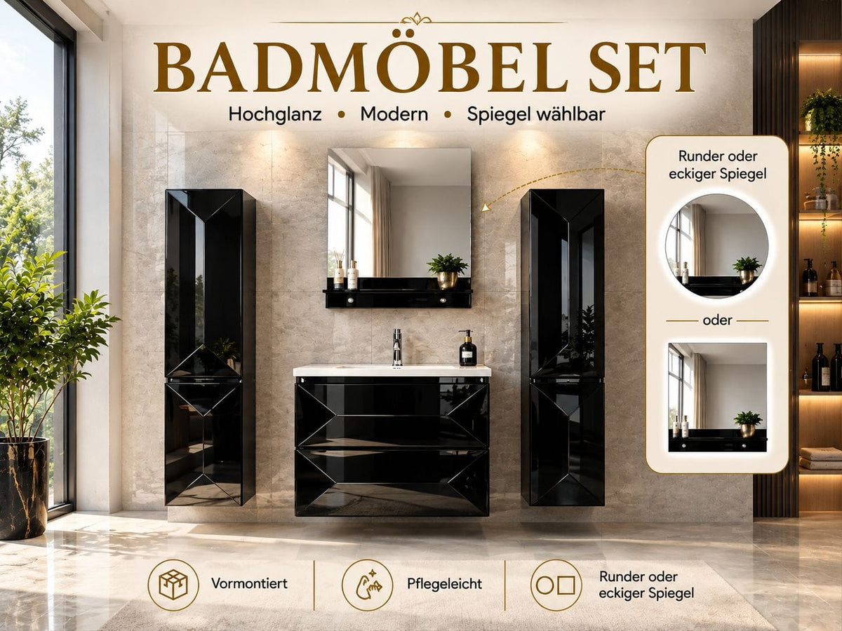 Miran Badmöbel-Set 60 cm Schwarz Hochglanz – Spiegel & Seitenschränke wählbar