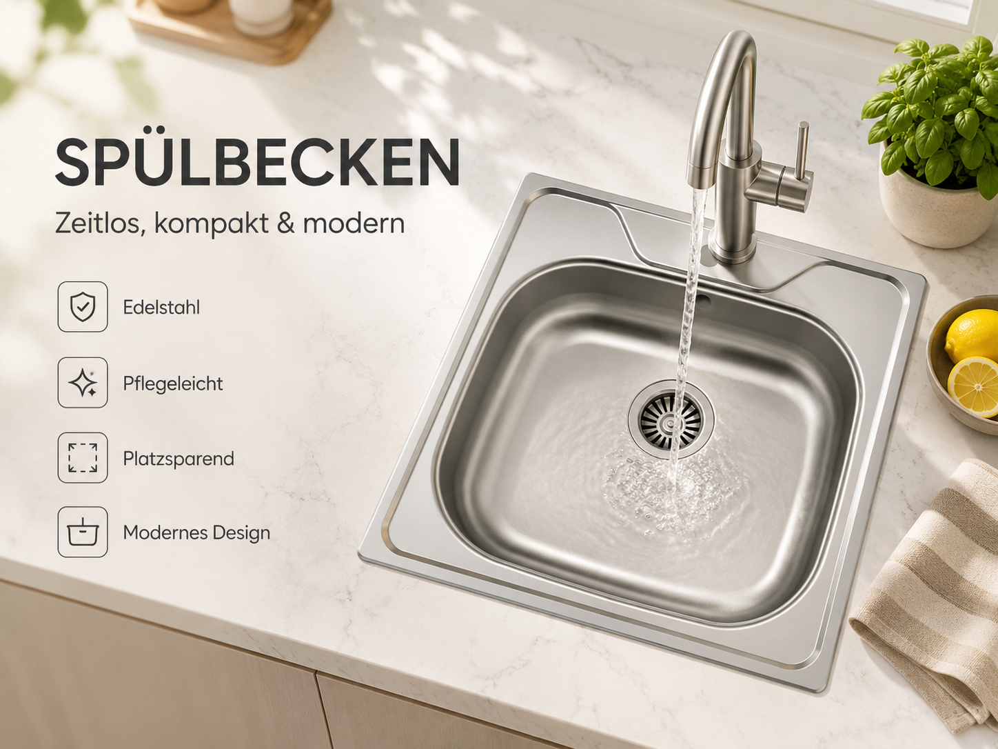 Faizee Home Edelstahl-Einbauspüle 48 × 48 cm – 15 cm Tief – Mit Siphon & Spülmaschinenanschluss