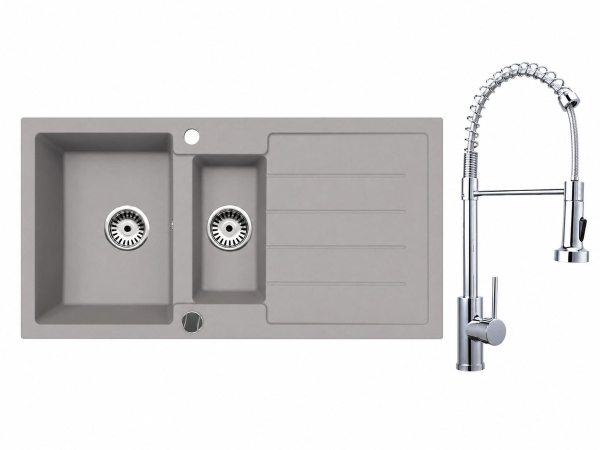 Faizee Home Granitspüle 100 × 50 cm mit 1,5 Becken – inkl. wählbarer Armatur & Siphon-Set