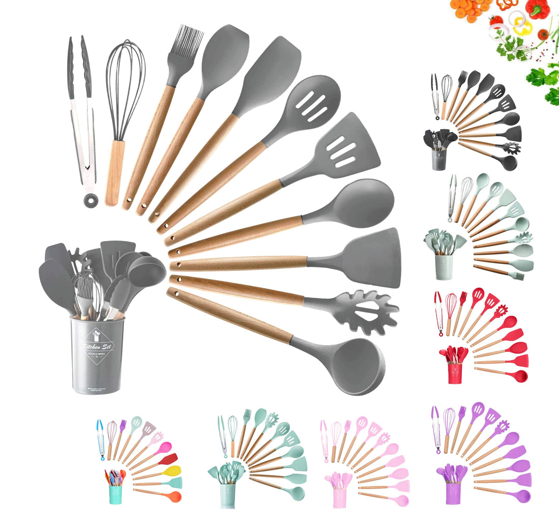 12-teiliges_Kuechenhelfer_Set_aus_Silikon_mit_Holzgriff_Kochbesteck_hitzebestaendig_antihaft_inkl._Utensilienhalter