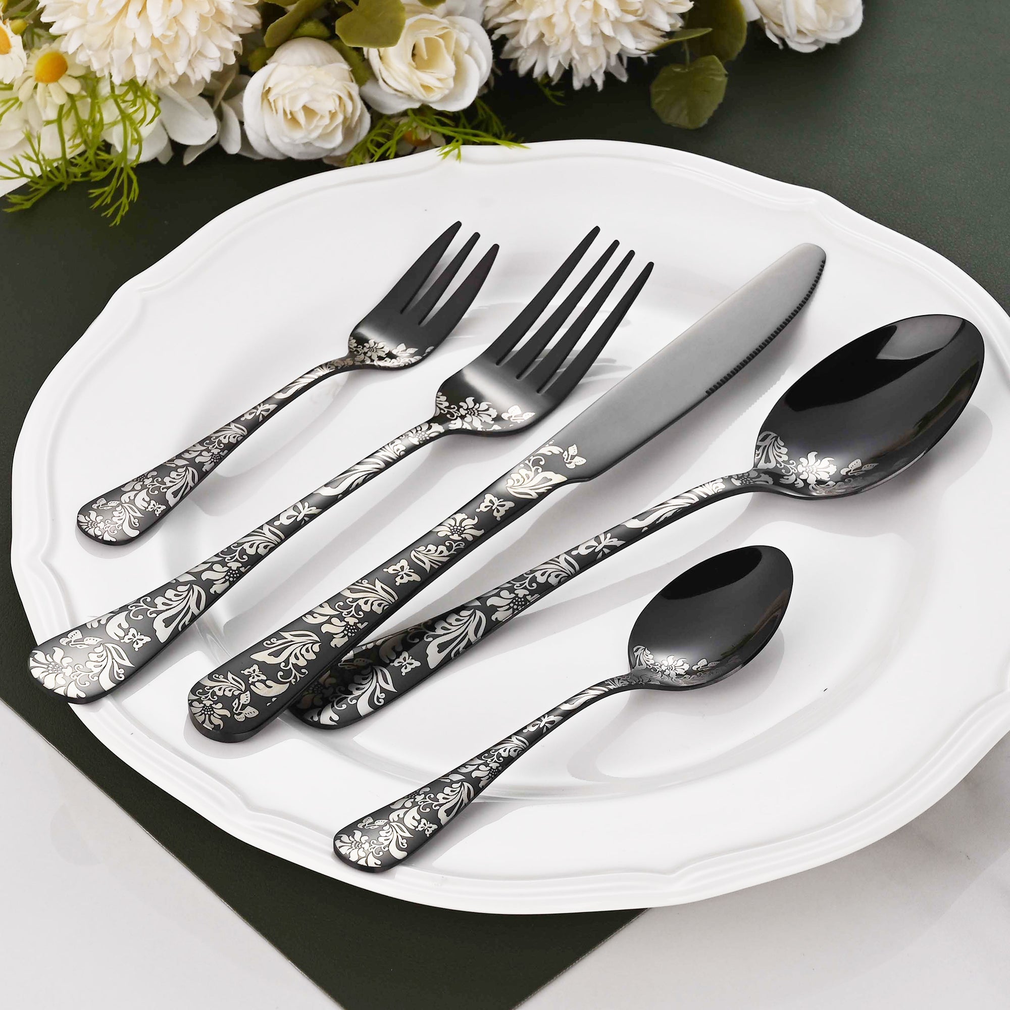 Faizee Home FLORA Edelstahl-Besteckset 30-teilig – Elegantes Ornament-Design – Für Alltag, Gäste & festliche Anlässe