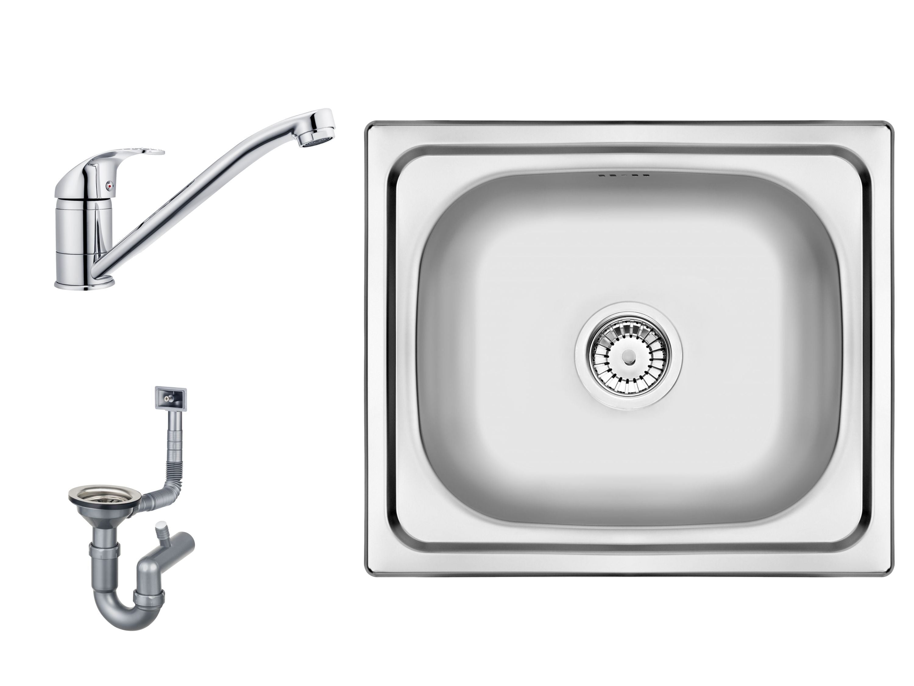 Eingebaute Edelstahlspüle in verschiedenen Größen, inklusive Siphon-Set und Armaturen