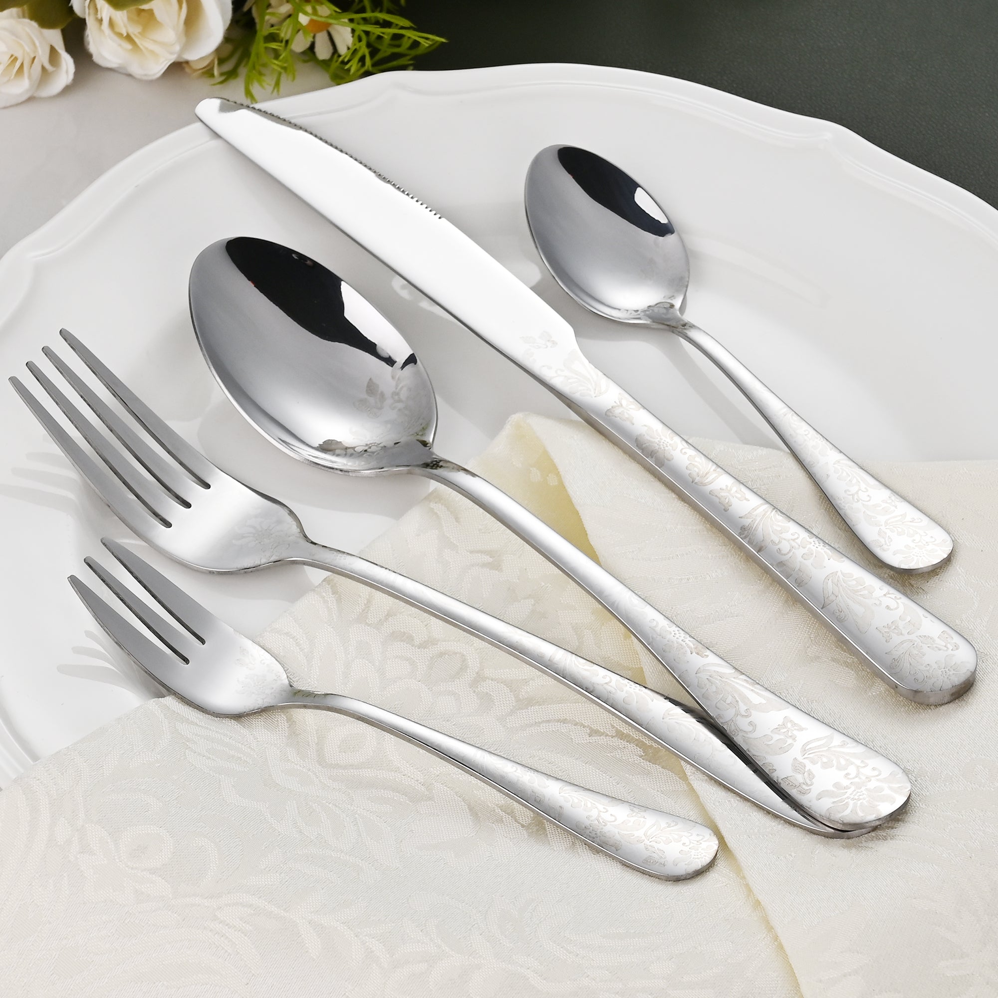 Faizee Home FLORA Edelstahl-Besteckset 30-teilig – Elegantes Ornament-Design – Für Alltag, Gäste & festliche Anlässe
