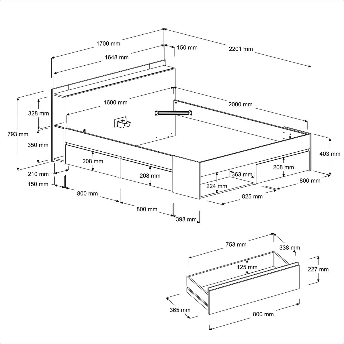 Parisot Most 60 Jugendzimmer Set 160x200 cm Bett Schreibtisch Kommode
