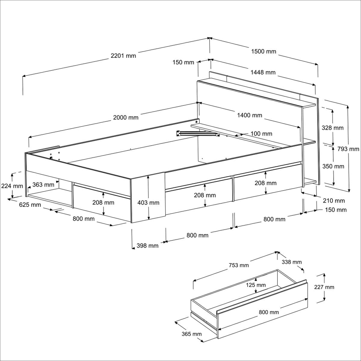 Parisot Most 59 Jugendzimmer Set 140x200 cm Bett Schreibtisch Kommode