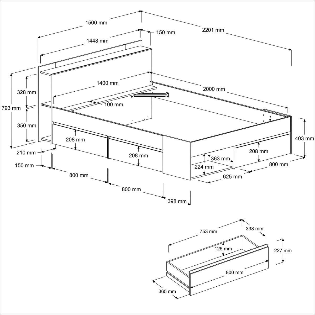 Parisot Most 59 Jugendzimmer Set 140x200 cm Bett Schreibtisch Kommode