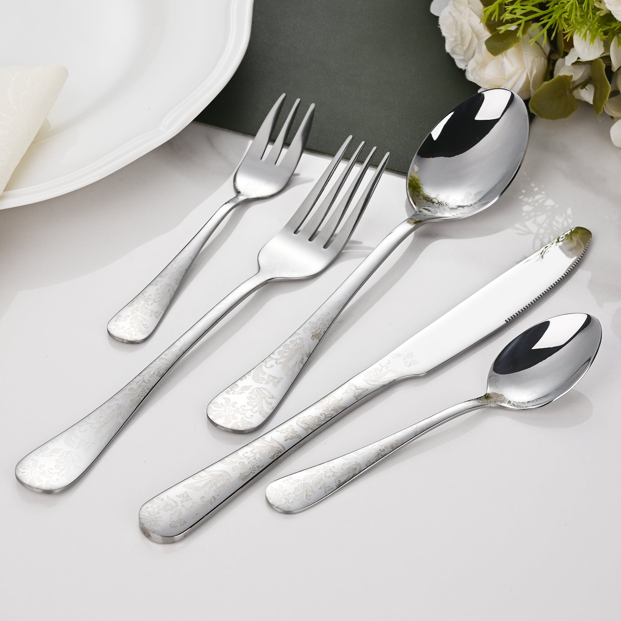 Faizee Home FLORA Edelstahl-Besteckset 30-teilig – Elegantes Ornament-Design – Für Alltag, Gäste & festliche Anlässe